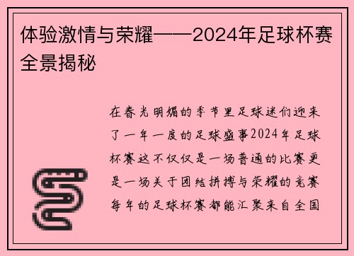 体验激情与荣耀——2024年足球杯赛全景揭秘