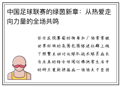 中国足球联赛的绿茵新章：从热爱走向力量的全场共鸣